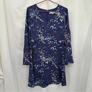 Loft Women’s Floral Dress 4 Purple White Long Sleeve Zip Back Bell Cuffs Lined